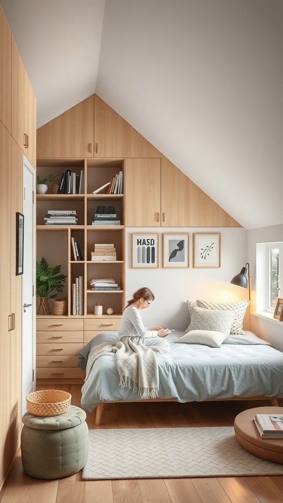 A cozy industrial chic loft bedroom featuring functional storage solutions with built-in shelves and wooden cabinetry.