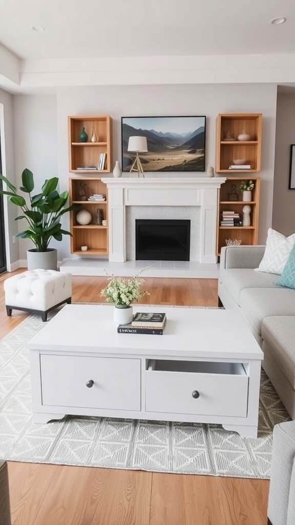 A stylish white coffee table with two drawers, placed in a cozy living room setting.