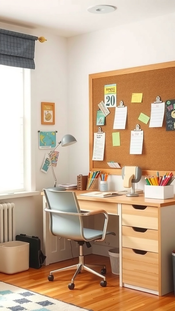 A functional study zone in a boy's bedroom featuring a desk, chair, corkboard, and organized stationery.