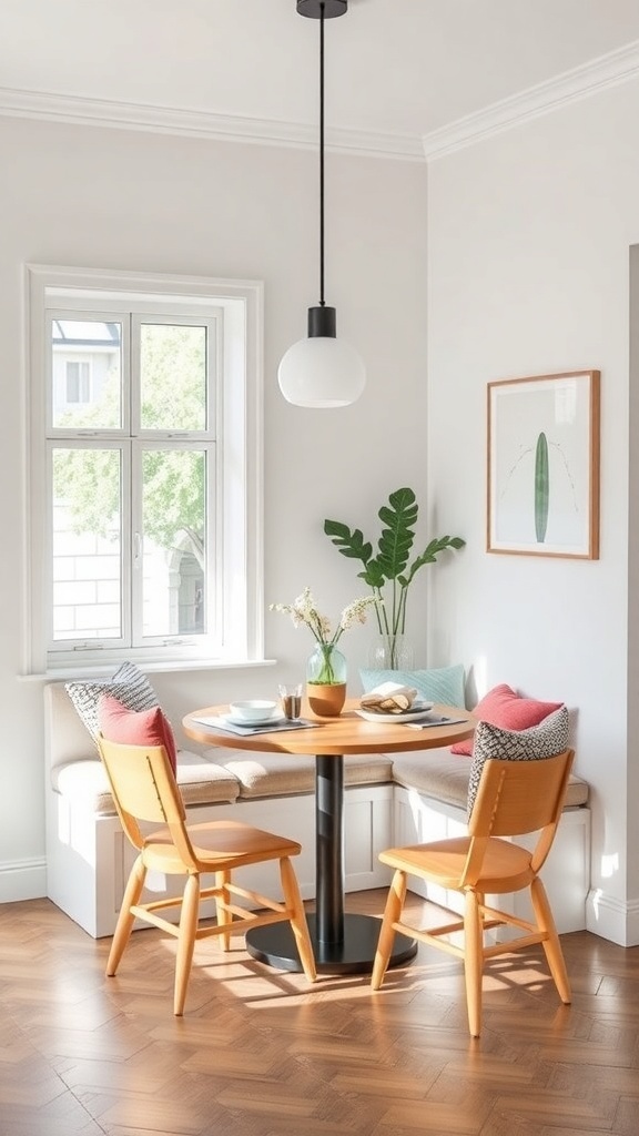 Cozy breakfast nook with a round table, cushioned seating, and pendant lighting.