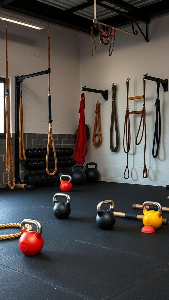 A functional training area in a home gym featuring kettlebells, ropes, and straps.