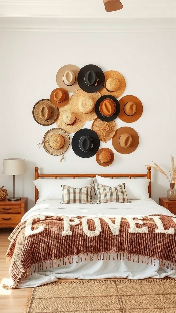 Wall decor featuring a collection of hats arranged in a circular pattern above a cozy bed.