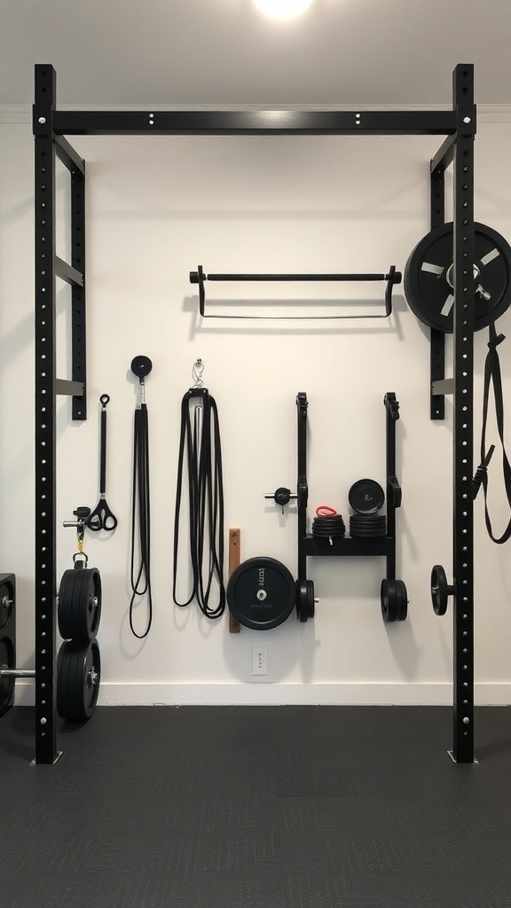 A functional wall rack in a home gym, featuring weights and resistance bands organized neatly.