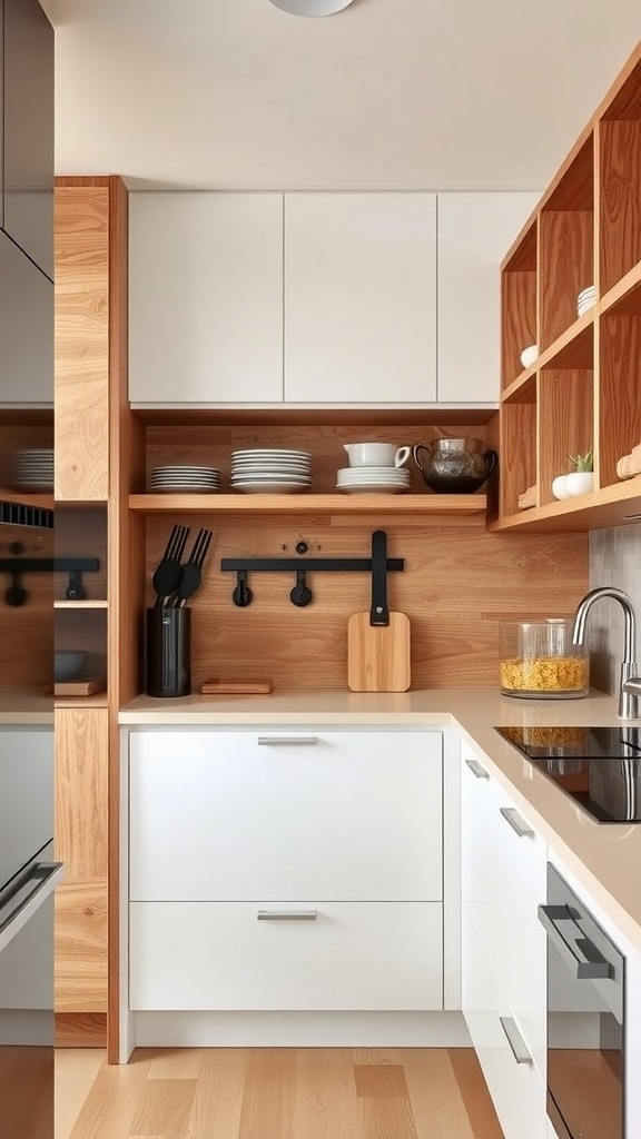 Modern kitchen with wood storage solutions, featuring open shelves and sleek cabinetry.