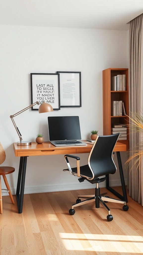 A stylish home office featuring a wooden desk, black ergonomic chair, and decorative elements.