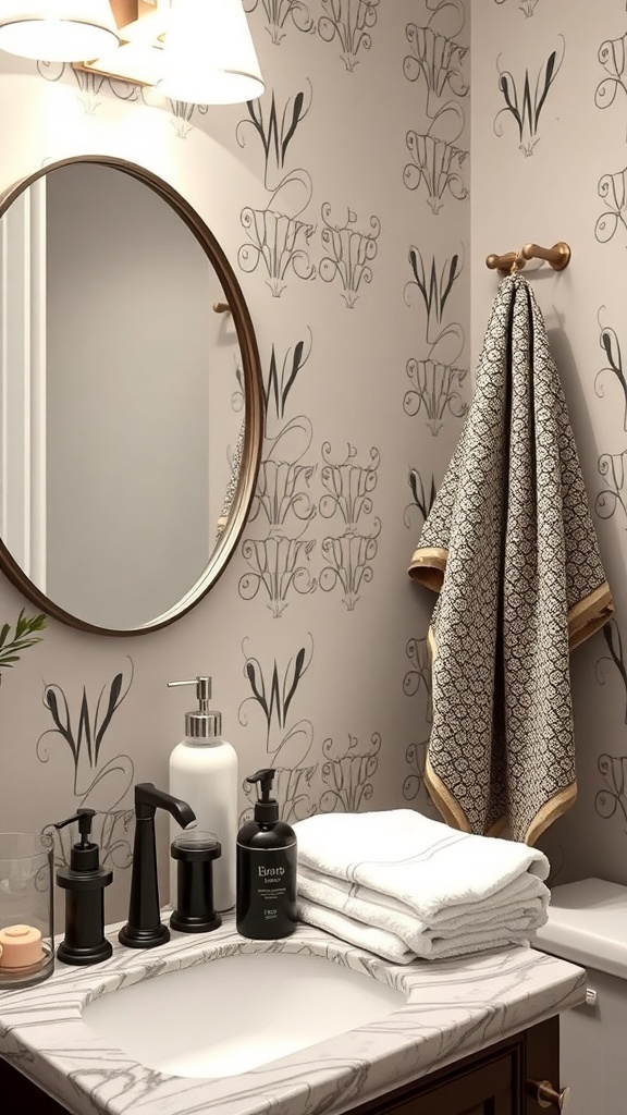 A stylish powder room featuring patterned wallpaper, a round mirror, and neatly arranged towels.