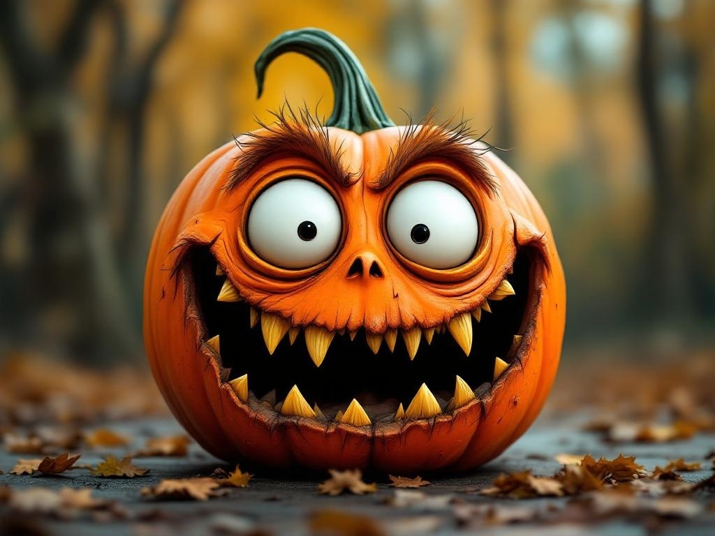 A carved pumpkin with a funny monster face, featuring big eyes and sharp teeth, set against a backdrop of autumn leaves.