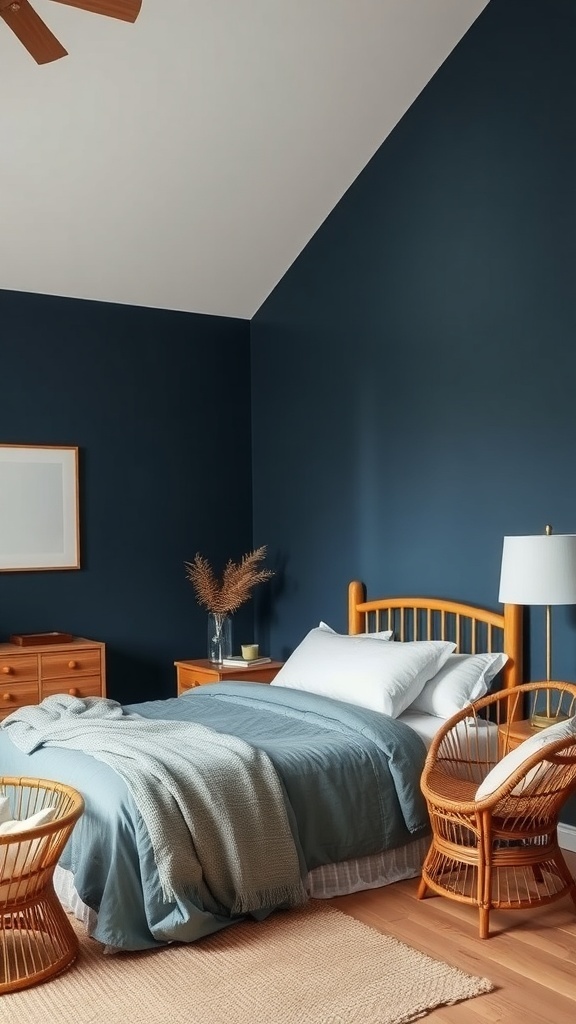A cozy navy blue bedroom featuring light wood furniture and rattan chairs, creating a warm and inviting atmosphere.