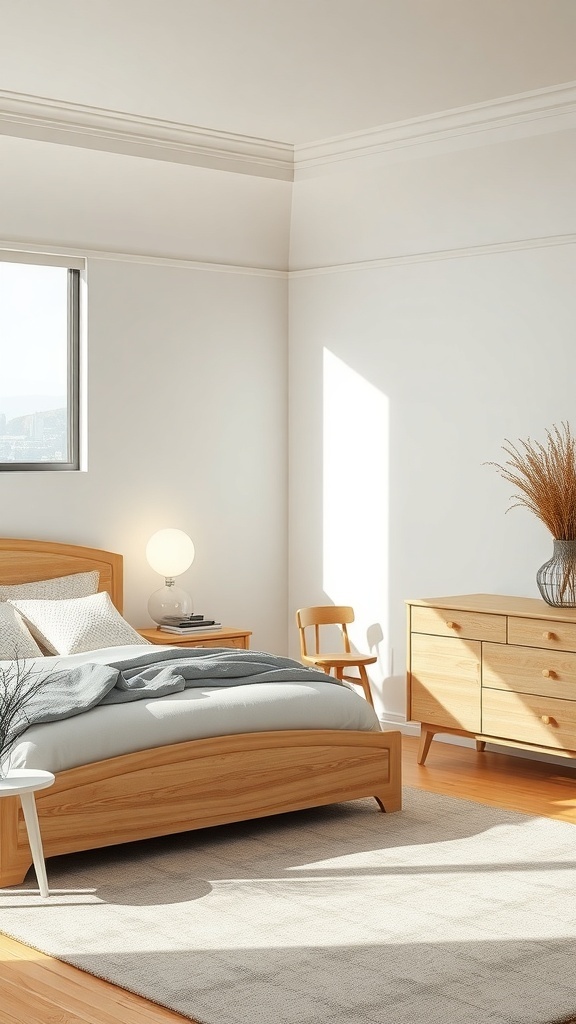 A cozy bedroom featuring light wood furniture with curved designs, creating a warm and inviting atmosphere.