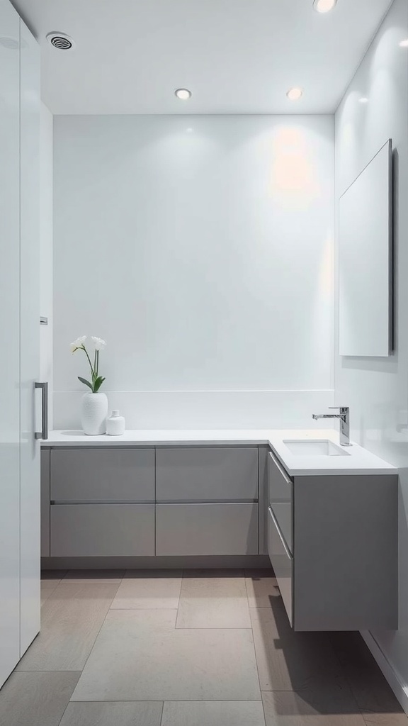A modern bathroom featuring sleek handleless cabinets in a light color scheme.