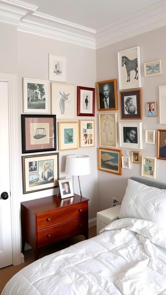 A gallery wall featuring a mix of artwork and photographs behind a bed, creating a personalized and stylish bedroom focal point.