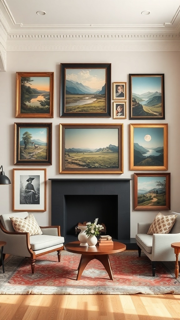 Gallery wall featuring vintage art in various frames above a fireplace.