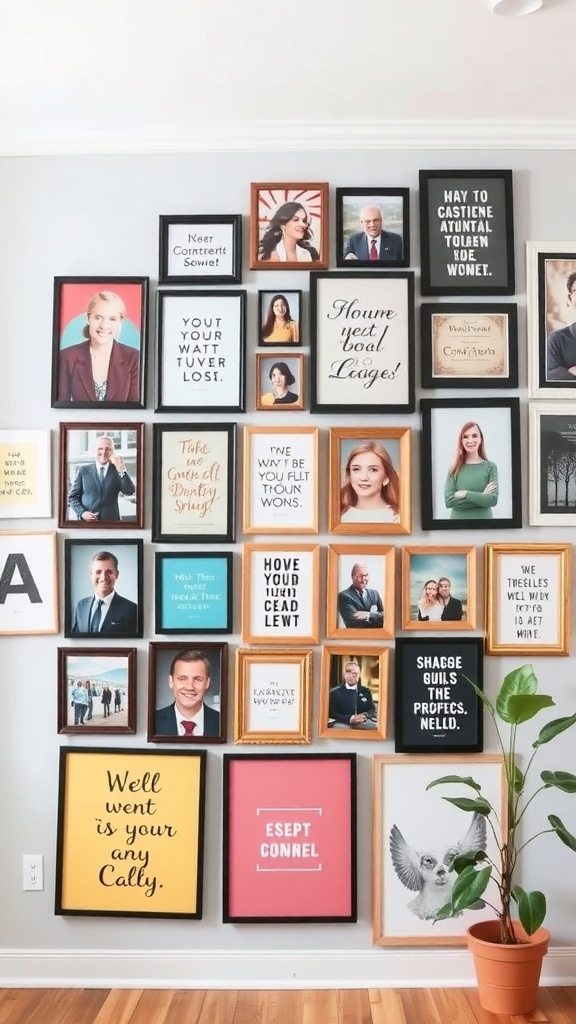 A gallery wall featuring a variety of framed photos and quotes in different styles and colors.
