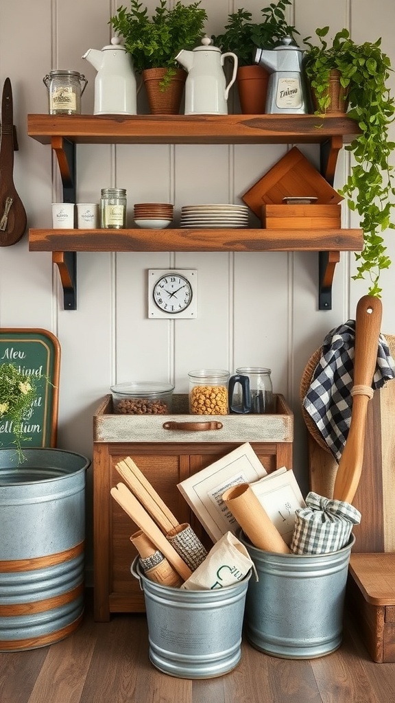 A cozy farmhouse coffee corner featuring galvanized metal accents, wooden shelving, and potted plants.