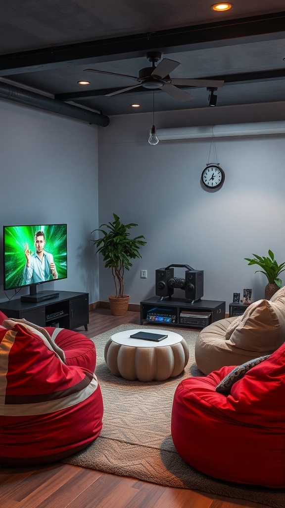 Cozy gaming corner with red bean bags, a round coffee table, and a TV setup