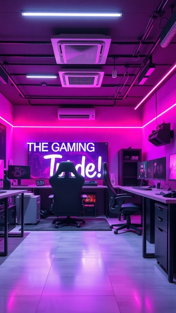 A stylish gaming den with LED lighting and multiple monitors.