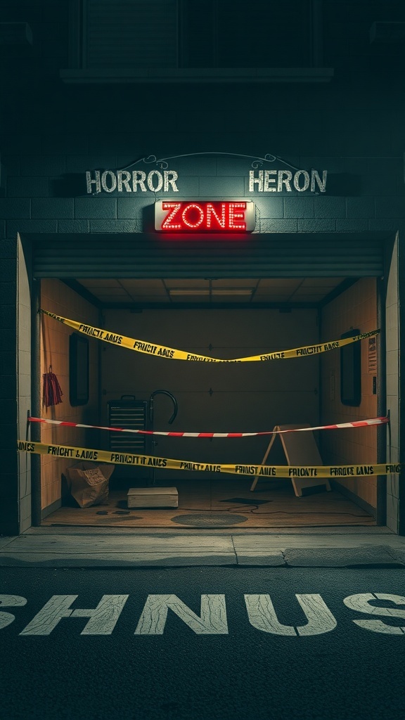 A garage entrance decorated with fright tape and a glowing sign reading 'Horror Zone.'