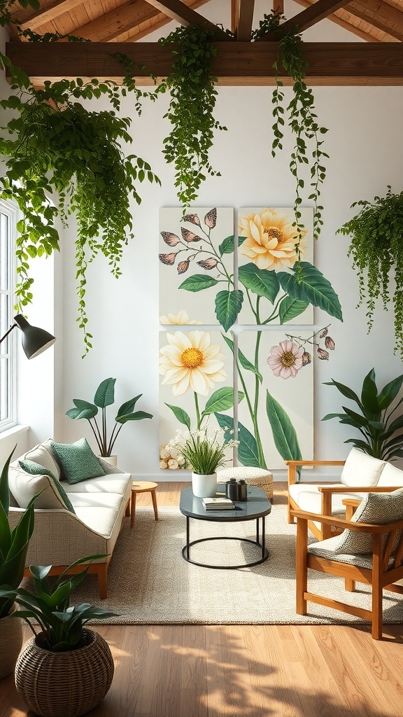 A cozy living room with garden-inspired elements, featuring floral artwork, hanging plants, and comfortable furniture.