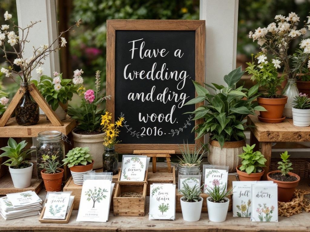 A display of garden-themed wedding favors including potted plants, seed packets, and a decorative sign.