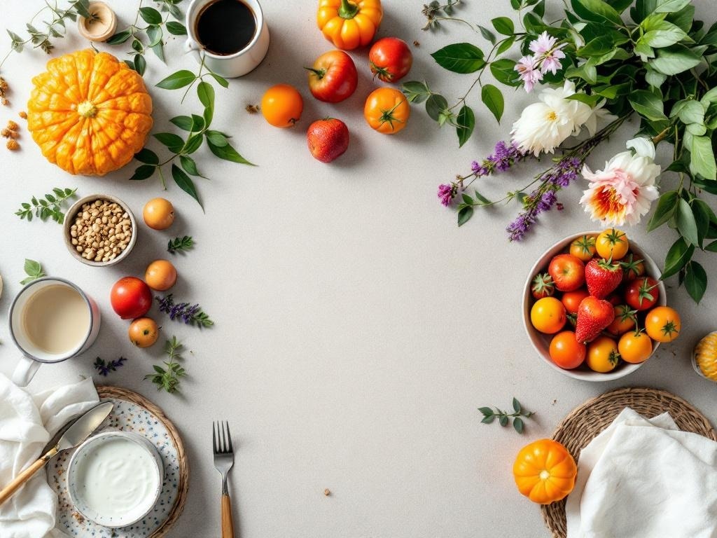 A beautiful spread of fresh produce, including pumpkins, tomatoes, and strawberries, surrounded by greenery and flowers on a light tablecloth.