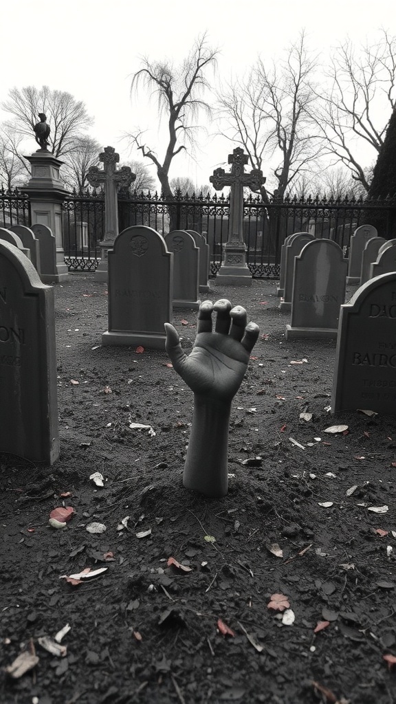 A creepy hand emerging from the ground in a graveyard setting.