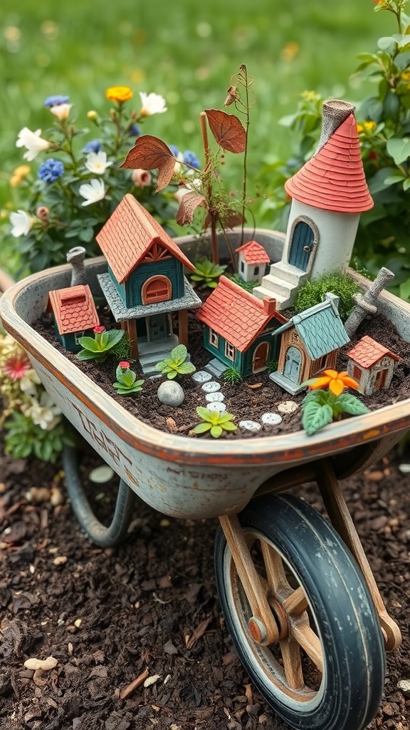 A whimsical fairy garden created in a vintage wheelbarrow, featuring miniature houses, colorful plants, and decorative stones.