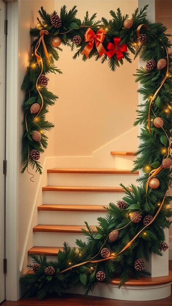 A staircase wrapped in a lush green garland with pinecones, ribbons, and fairy lights.