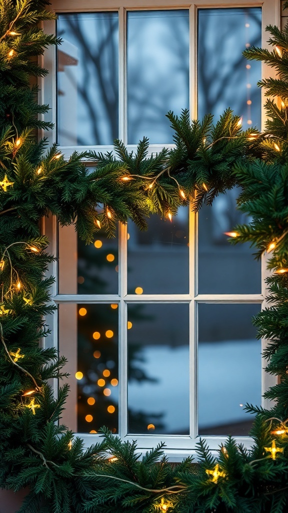 A window framed with a lush green garland and twinkling lights, creating a cozy Christmas charm.