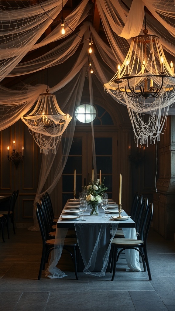 Elegant chandeliers draped with gauzy fabric and spider webs, illuminating a dining table with black chairs and floral centerpiece.