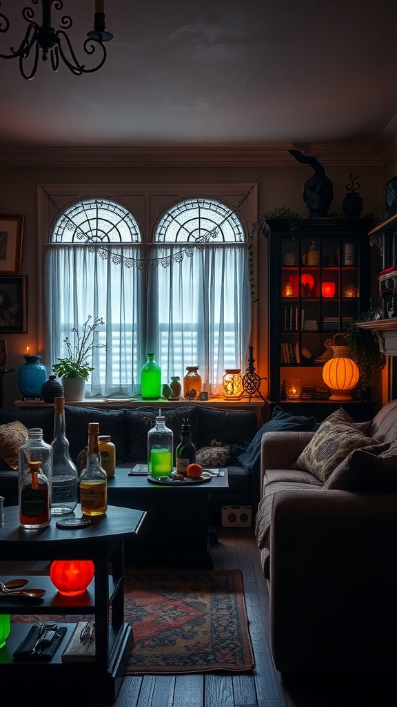 Spooky indoor Halloween decor featuring glowing jars, potion bottles, and a bat chandelier.