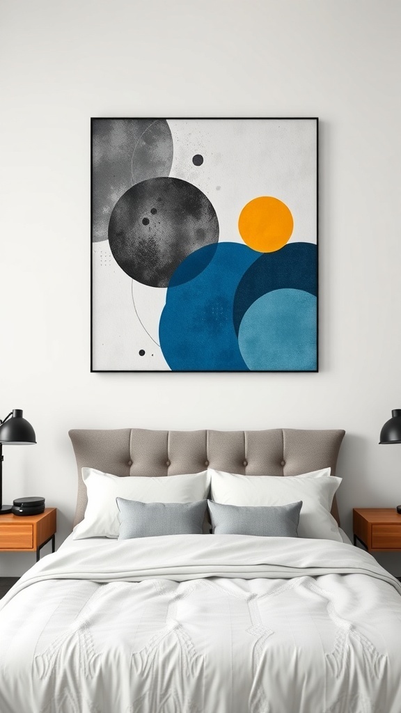 Geometric artwork featuring gray, blue, and yellow circles above a bed with gray and white bedding.