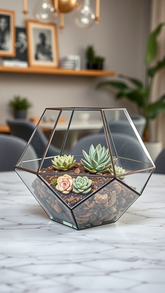 A geometric glass terrarium with succulents on a dining table.