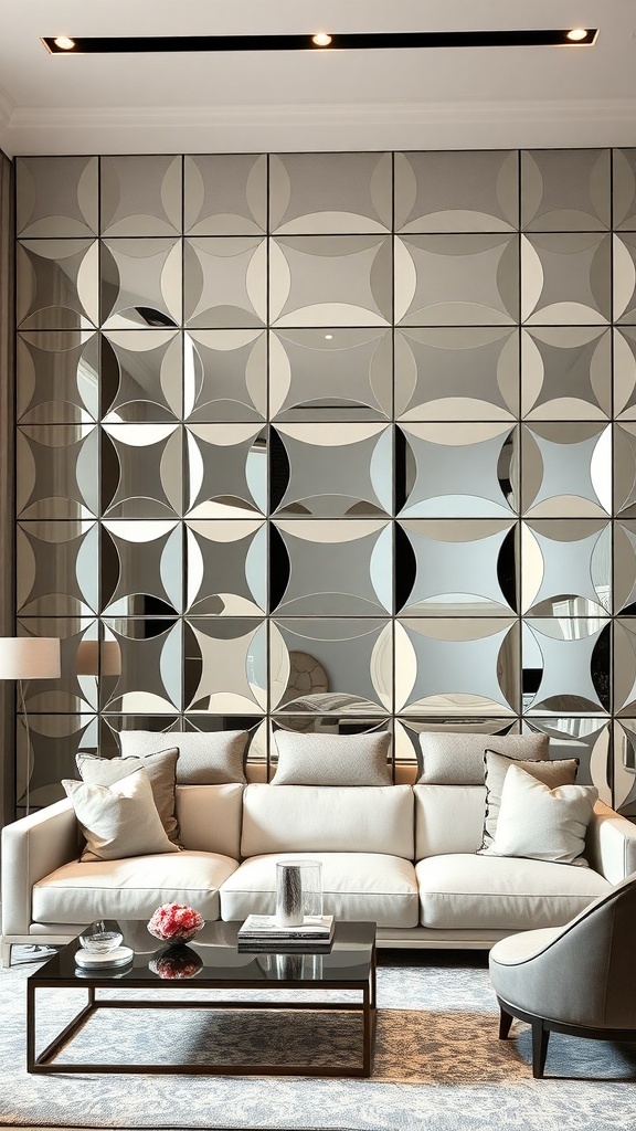 A modern living room featuring geometric mirror wall panels, creating a stylish and spacious atmosphere.