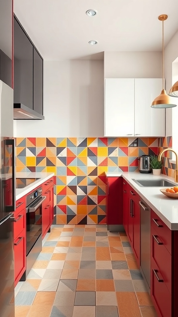 A modern kitchen featuring a colorful geometric mosaic backsplash with triangular tiles in red, orange, and blue.