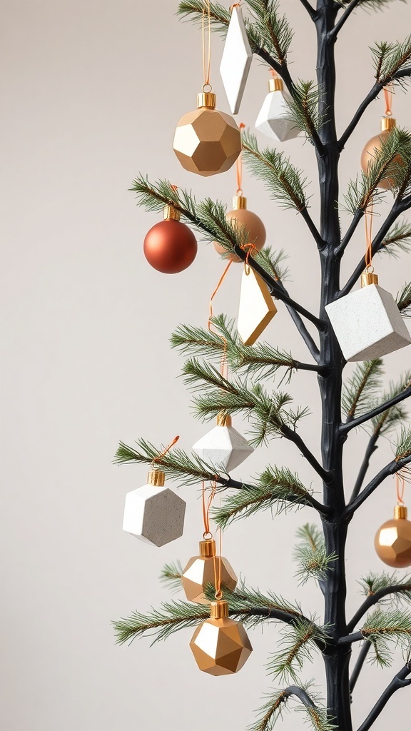 A modern Christmas tree decorated with geometric ornaments in gold, white, and orange.