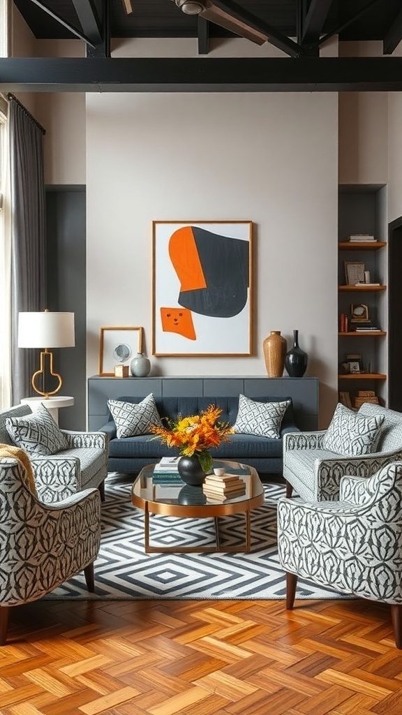A stylish living room featuring geometric patterned furniture and decor.