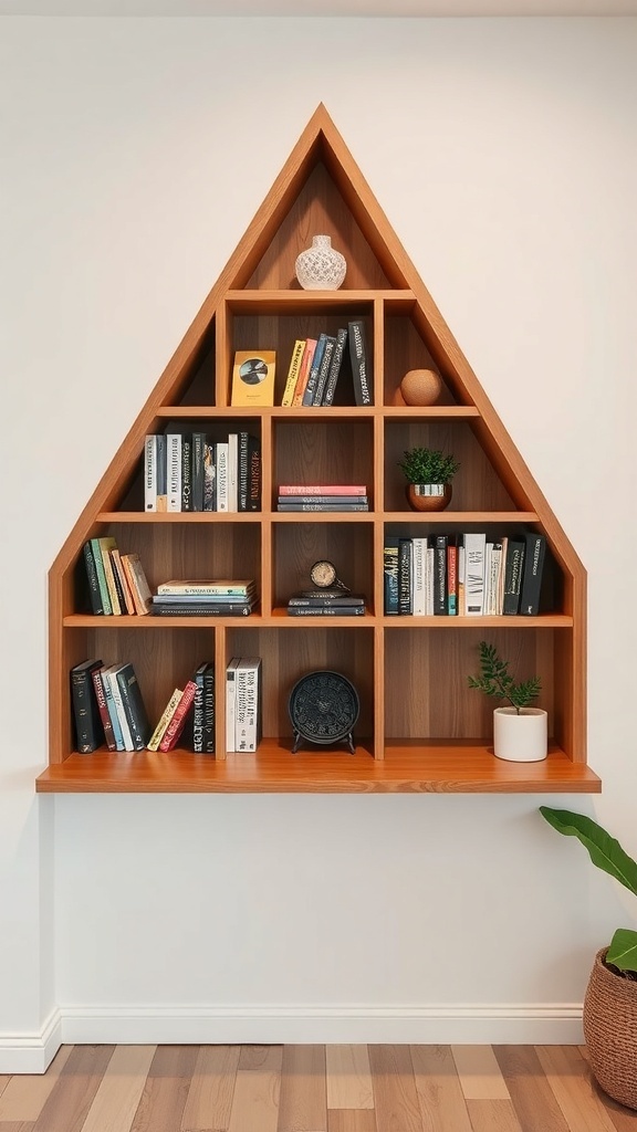 Triangular wooden shelving unit with books and decor