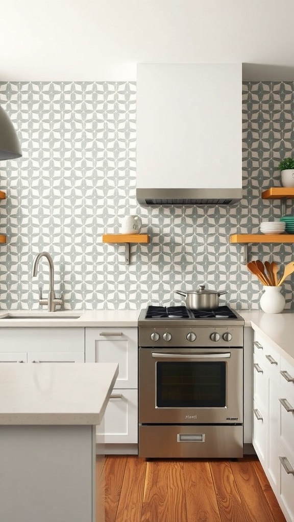 A modern kitchen featuring a geometric tile backsplash with light gray patterns.