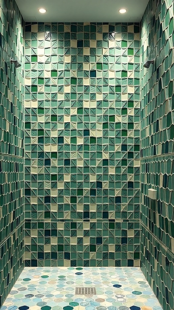 Geometric tile patterns in green and blue for a shower renovation