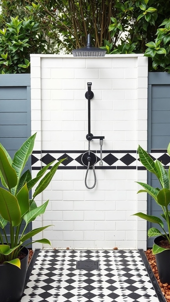Outdoor shower with geometric black-and-white tile design and lush greenery