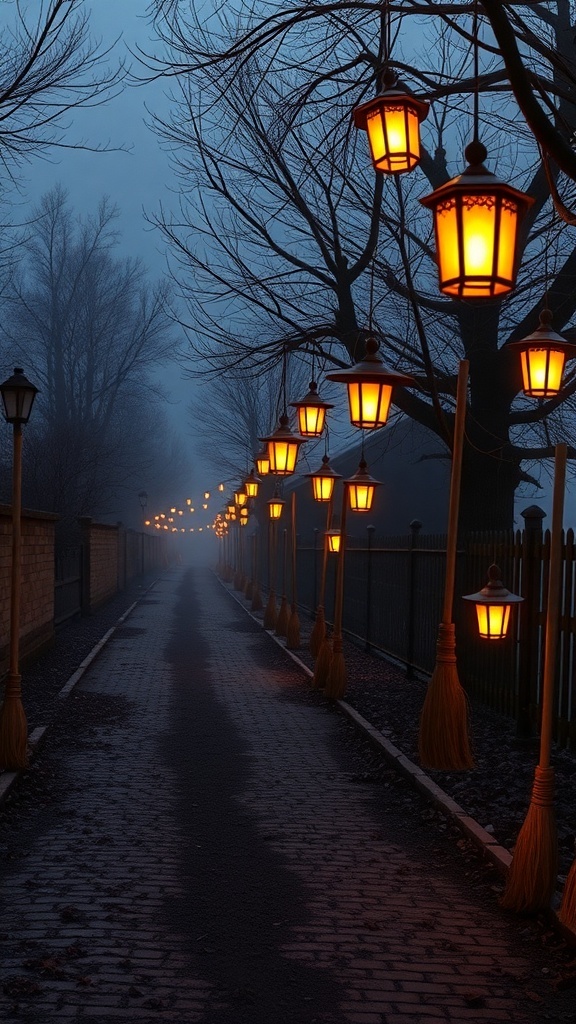 A spooky trail lined with glowing lanterns and floating witch hats in a foggy setting.