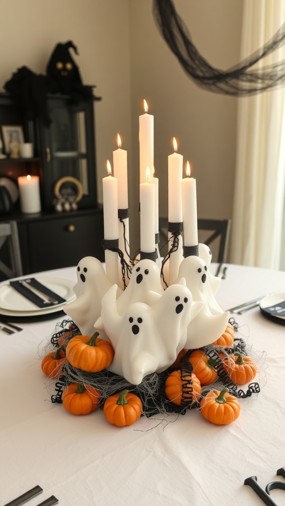 A Halloween centerpiece featuring ghost candles surrounded by small pumpkins and black lace.