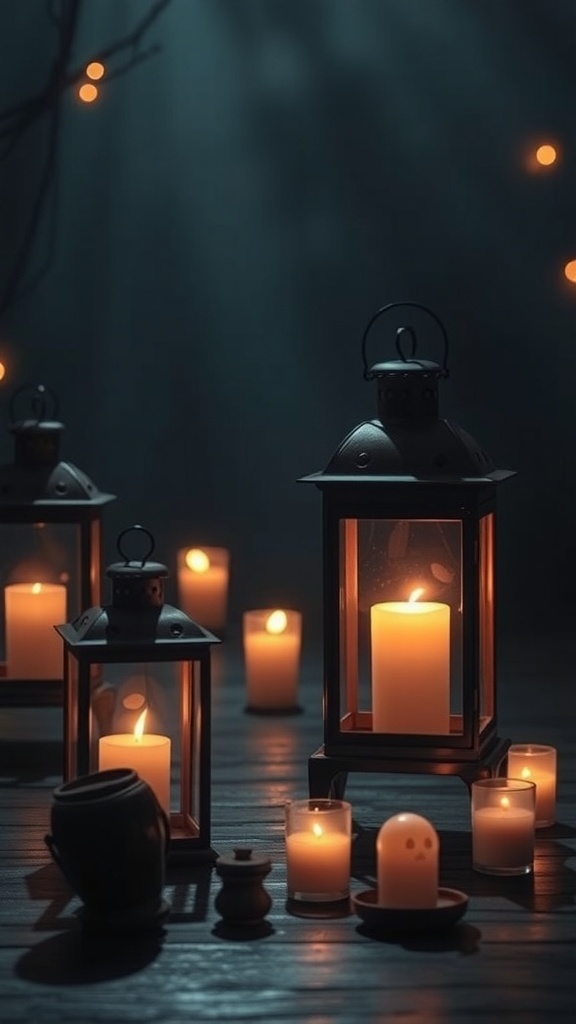 A cozy scene featuring ghost candle lanterns with flickering candles, creating a spooky atmosphere.