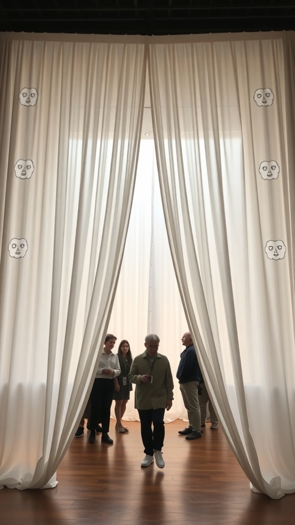 A ghost curtain entrance made of sheer white fabric with ghost faces, creating a spooky atmosphere for Halloween.