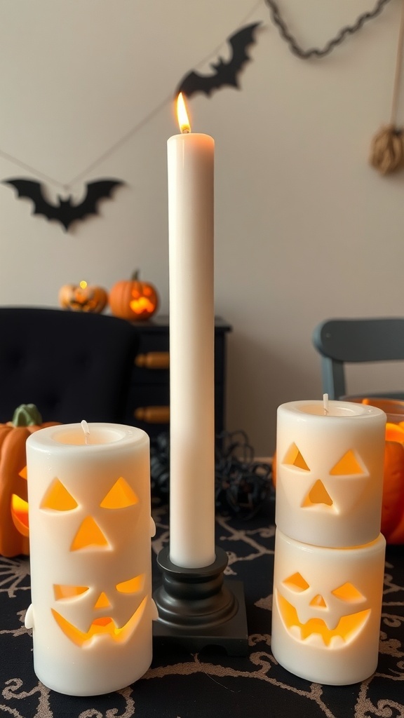 A display of ghost face pillar candles with carved faces, surrounded by Halloween decorations.