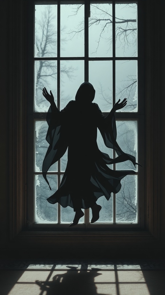 Silhouette of a ghost figure in a window, arms raised, creating a spooky Halloween atmosphere.