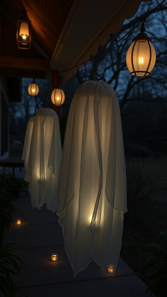 Ghost lanterns hanging from a porch, glowing softly in the evening light.