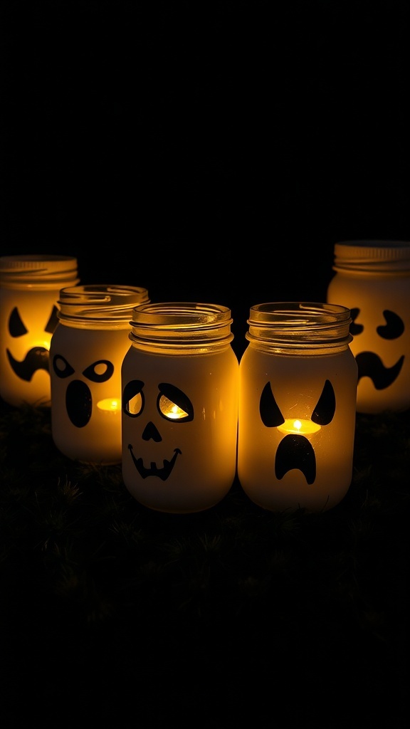 Ghost lanterns made from mason jars with spooky faces, glowing with LED lights.