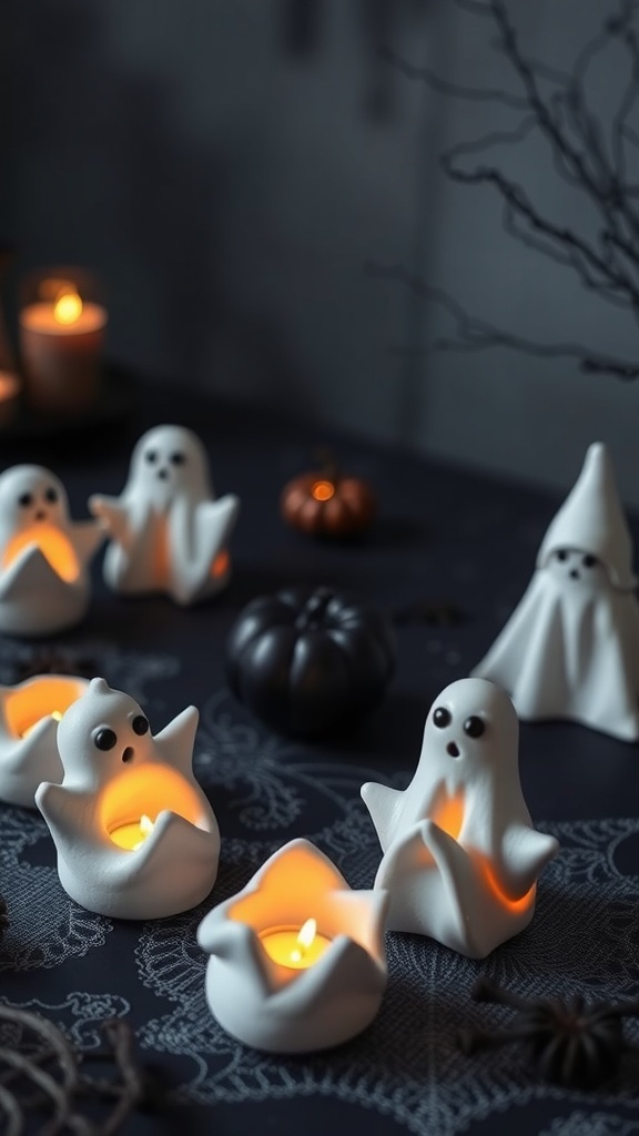 A collection of ghost-shaped tea light holders with tealights glowing inside, set against a dark Halloween backdrop.