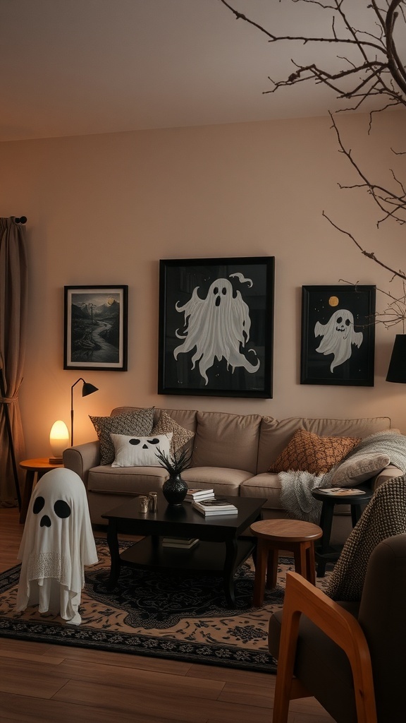 Cozy living room with ghost-themed artwork and decor
